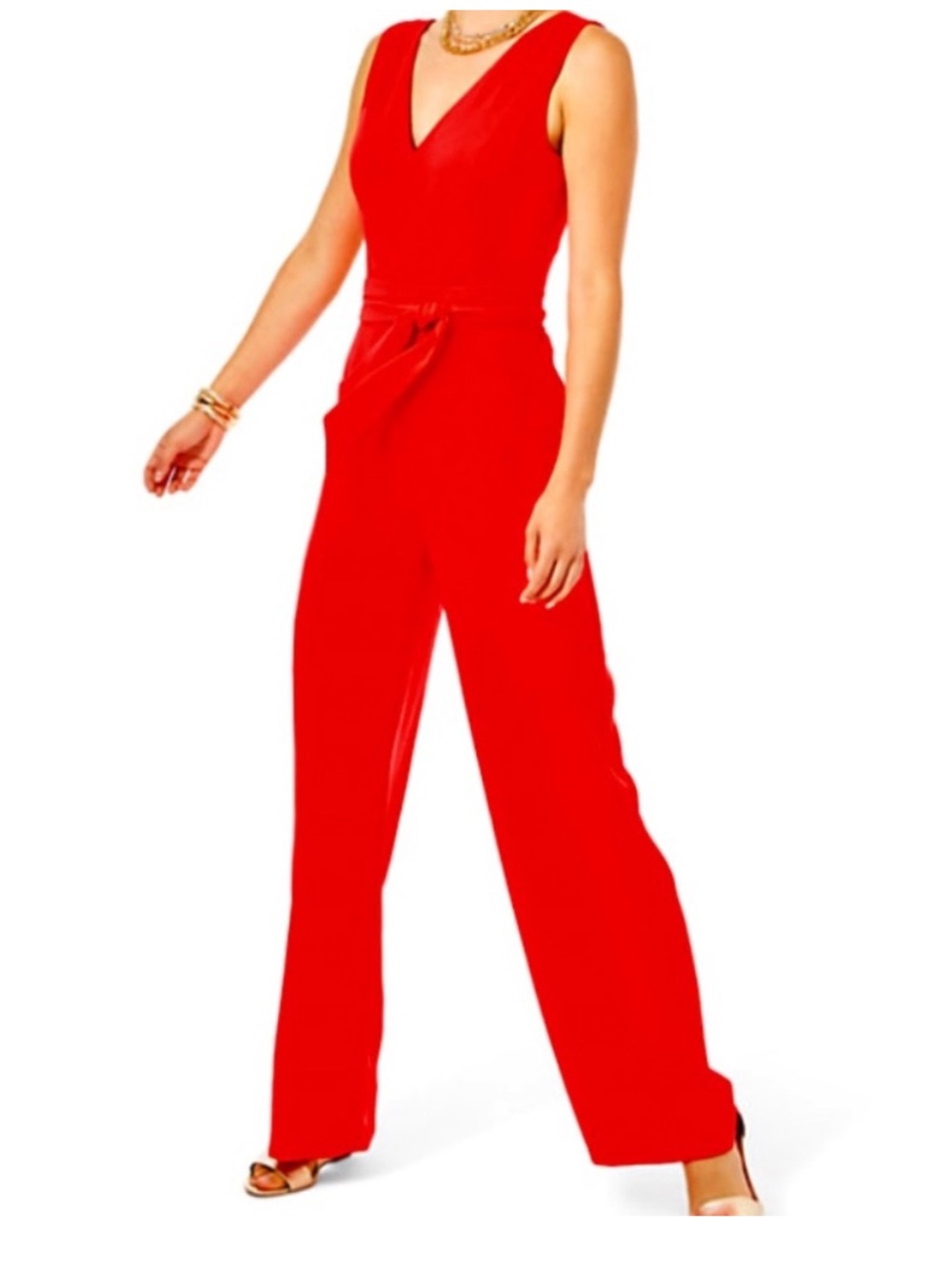 Red V-Neck Sleeveless Tie-Waist Maxi Dress